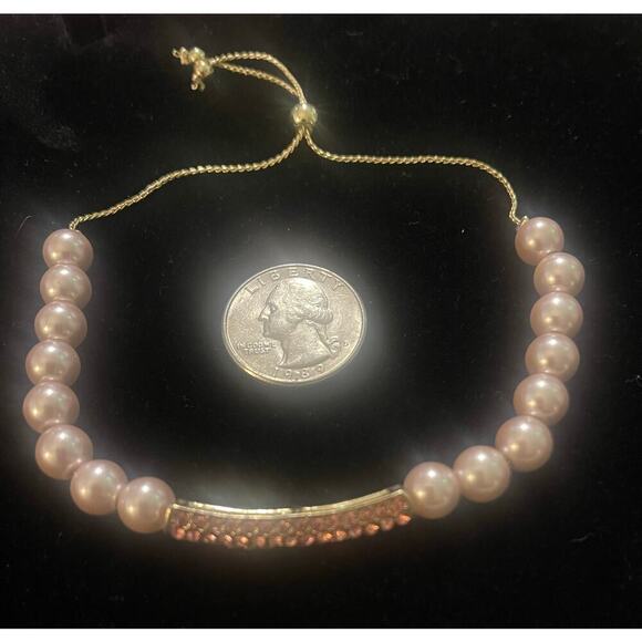 Pink Rhinestone Faux Pearl Gold Tone Adjustable Bracelet - Picture 3 of 3
